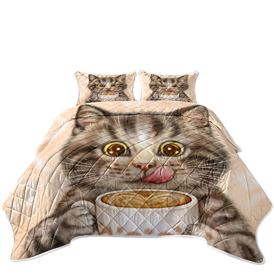 King Size Quilt Sets with Funny Kittens Drinking Hot Chocolate Tabby Cat