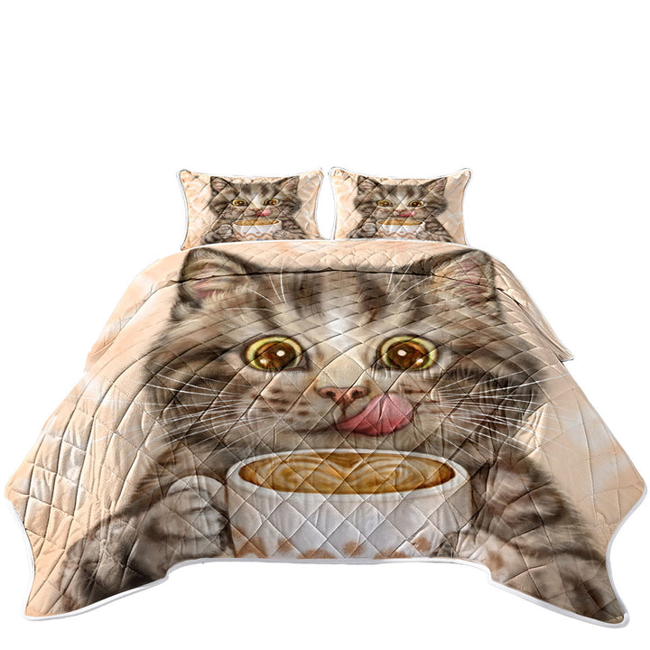 King Size Quilt Sets with Funny Kittens Drinking Hot Chocolate Tabby Cat