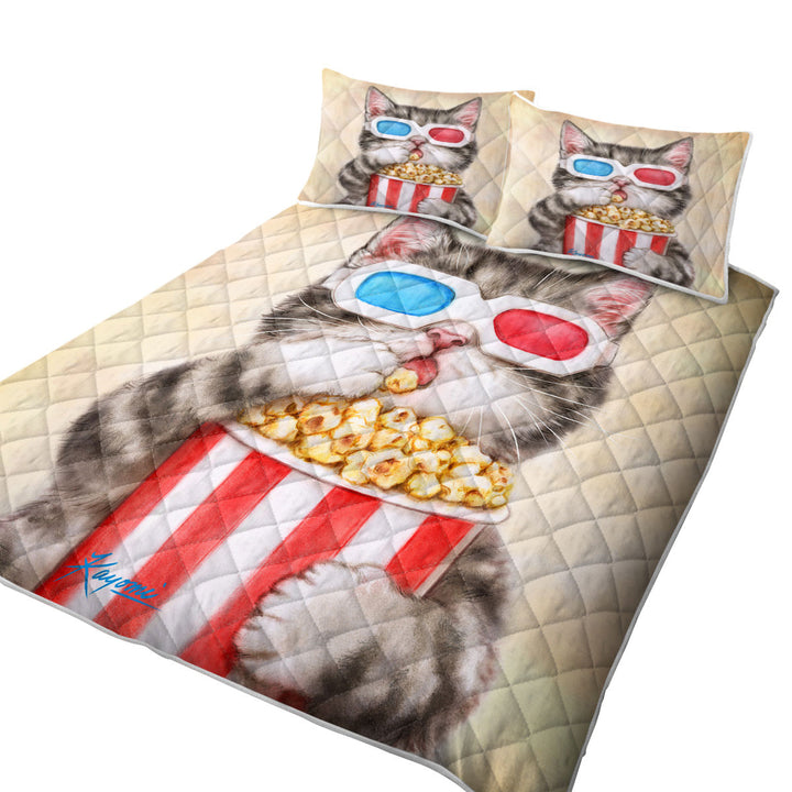 King Size Quilt Sets with Funny Kittens Eating Popcorn Grey Kitty Cat