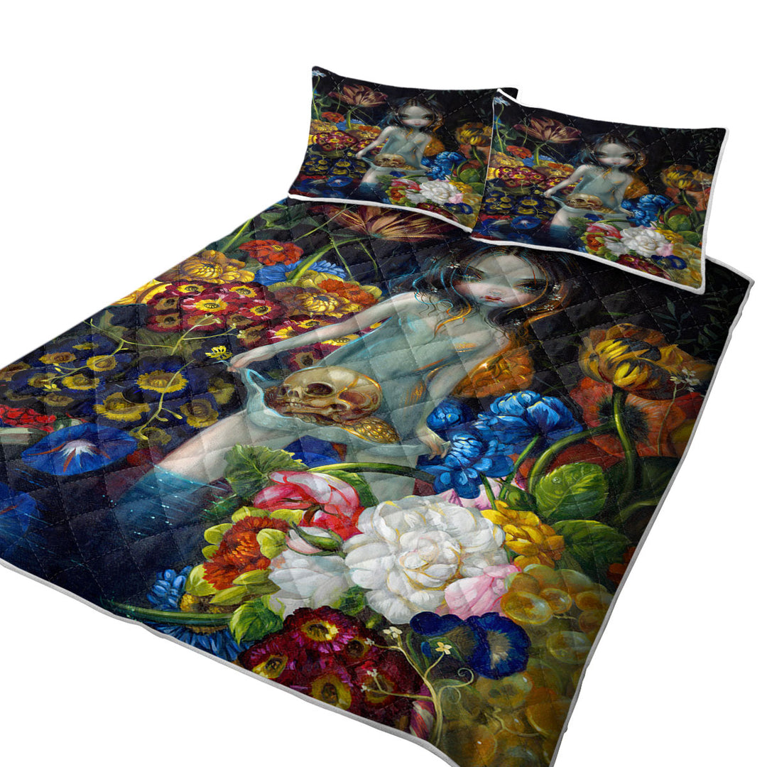 King Size Quilt Sets with Gothic Art The Offering Forest Nymph Girl with Skull