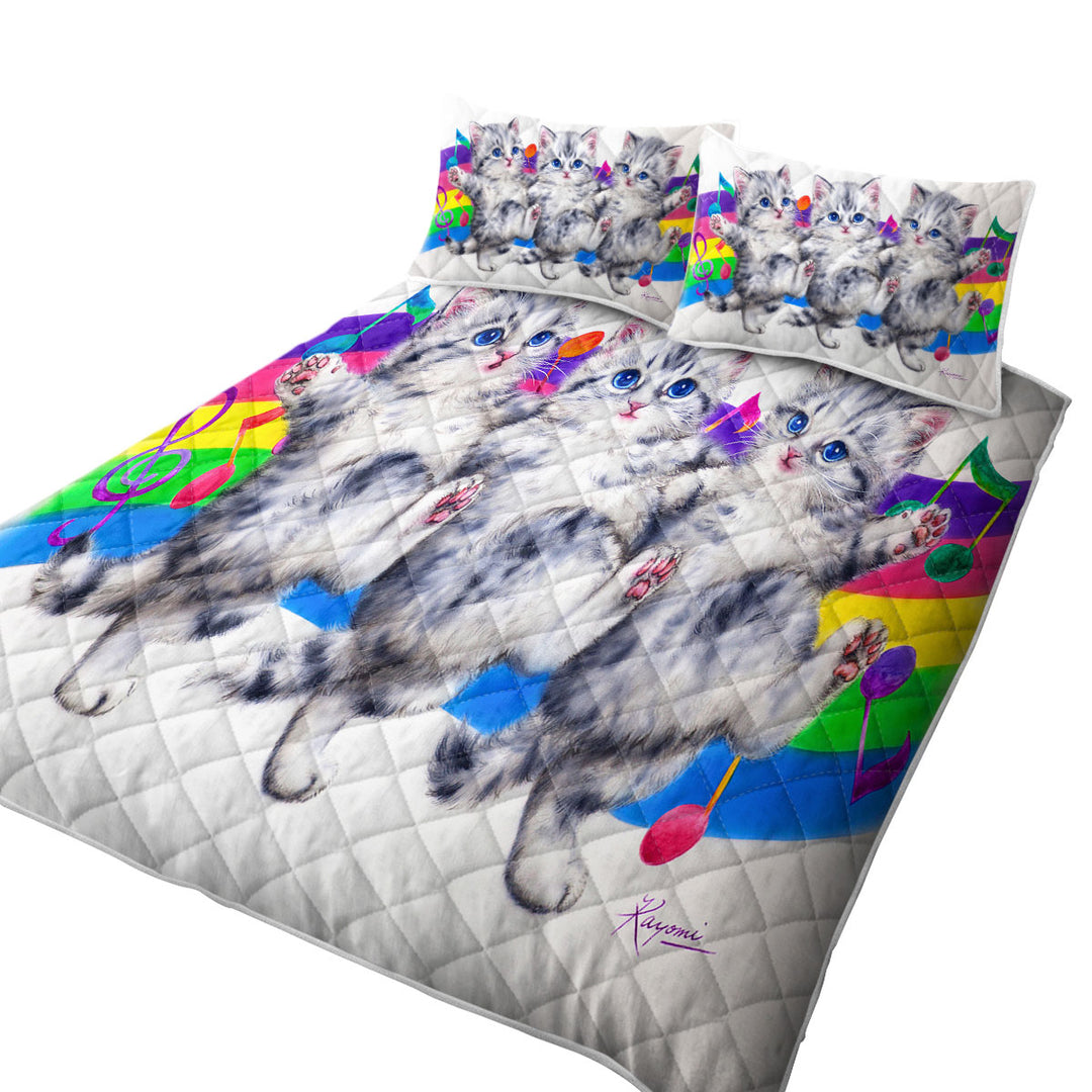 King Size Quilt Sets with Grey Kittens Rainbow Colorful Music Notes Dance