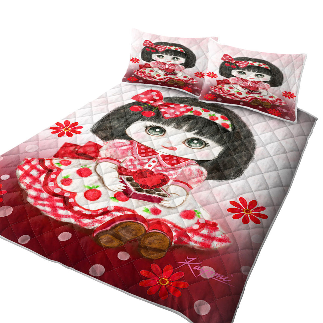 King Size Quilt Sets with Kids Drawings Red Girl Heart and Flowers