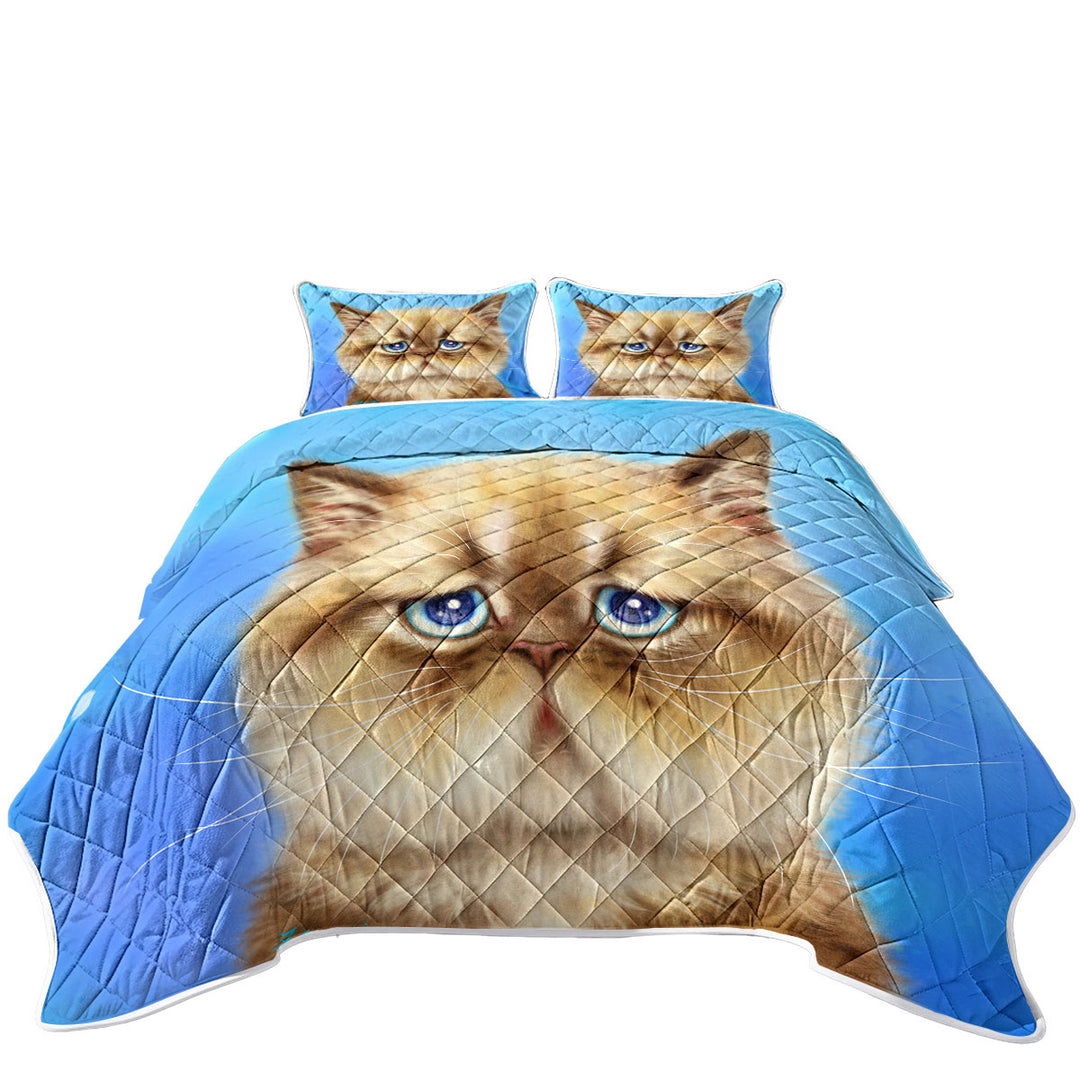 King Size Quilt Sets with Kittens Cute Drawings Brown Sad Cat over Blue