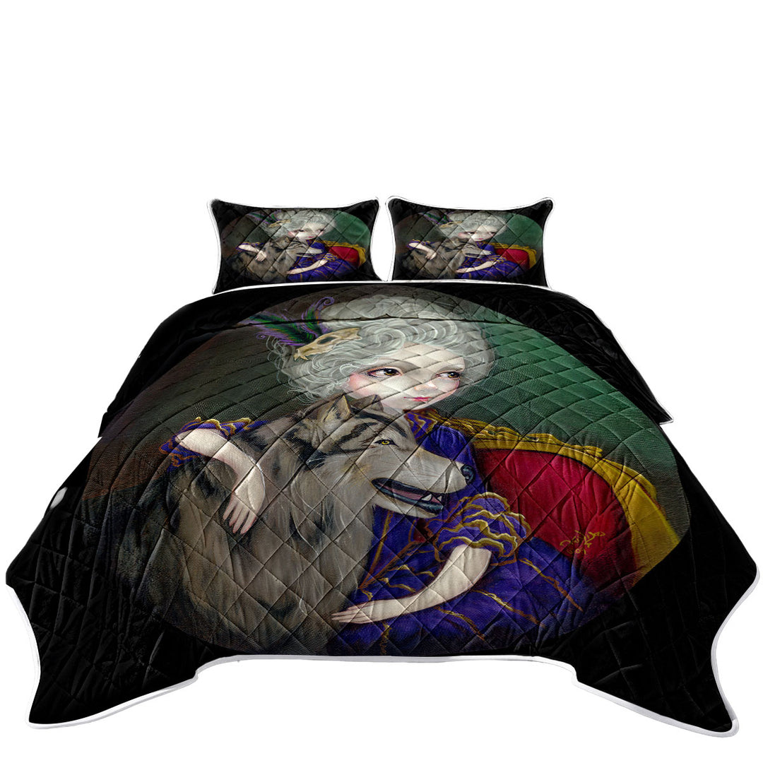 King Size Quilt Sets with Loup Garou Big Eyed Beautiful Girl and Her Wolf