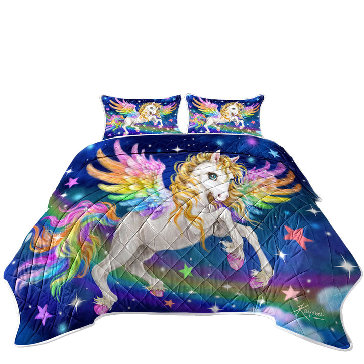 King Size Quilt Sets with Magical Starry Night Colorful Rainbow Pegasus
