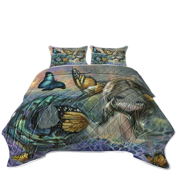 King Size Quilt Sets with Mermaid and Butterflies Fantasy Painting Sea Monarch