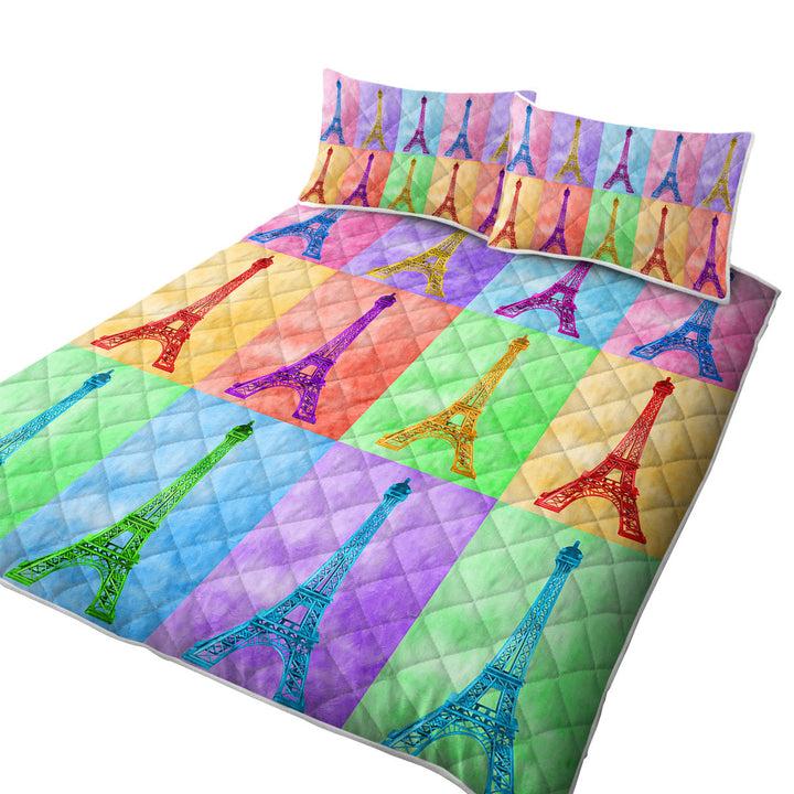 King Size Quilt Sets with Multicolored Eiffel Tower Panel
