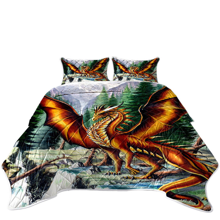 King Size Quilt Sets with Nature Mountain Waterfall Forest Solaris Dragon