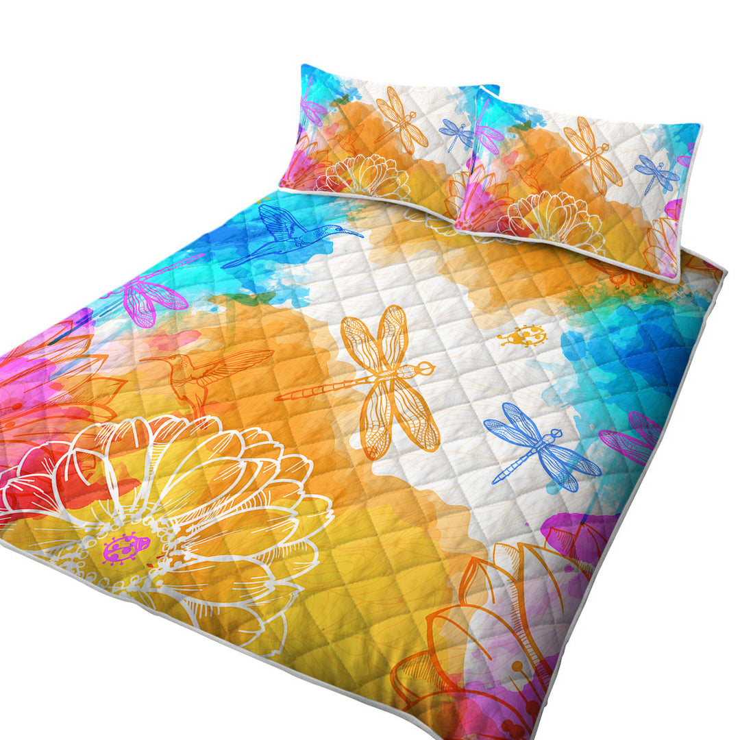 King Size Quilt Sets with Orange Blue Dragonflies and Hummingbirds
