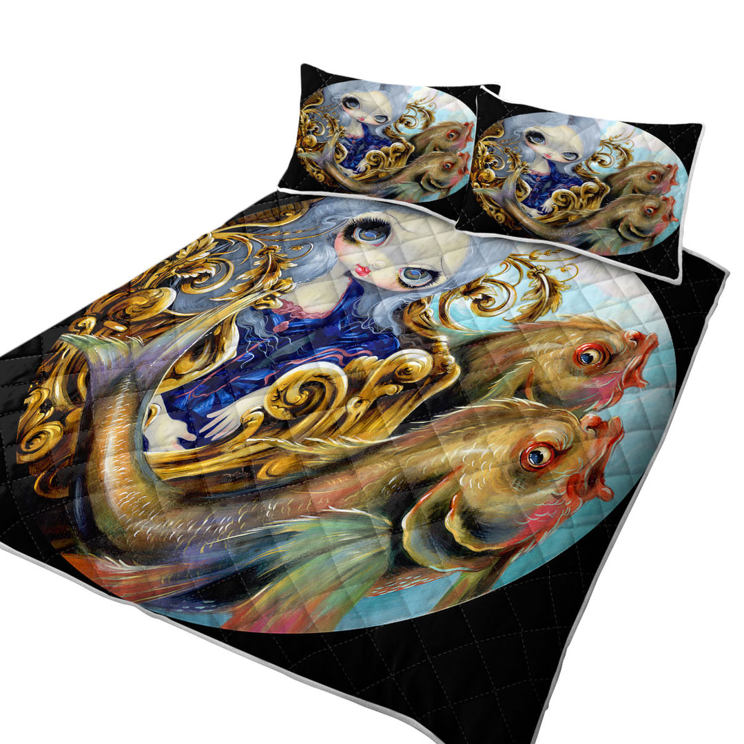 King Size Quilt Sets with Sea Chariot Fish Transporting a Beautiful Maiden