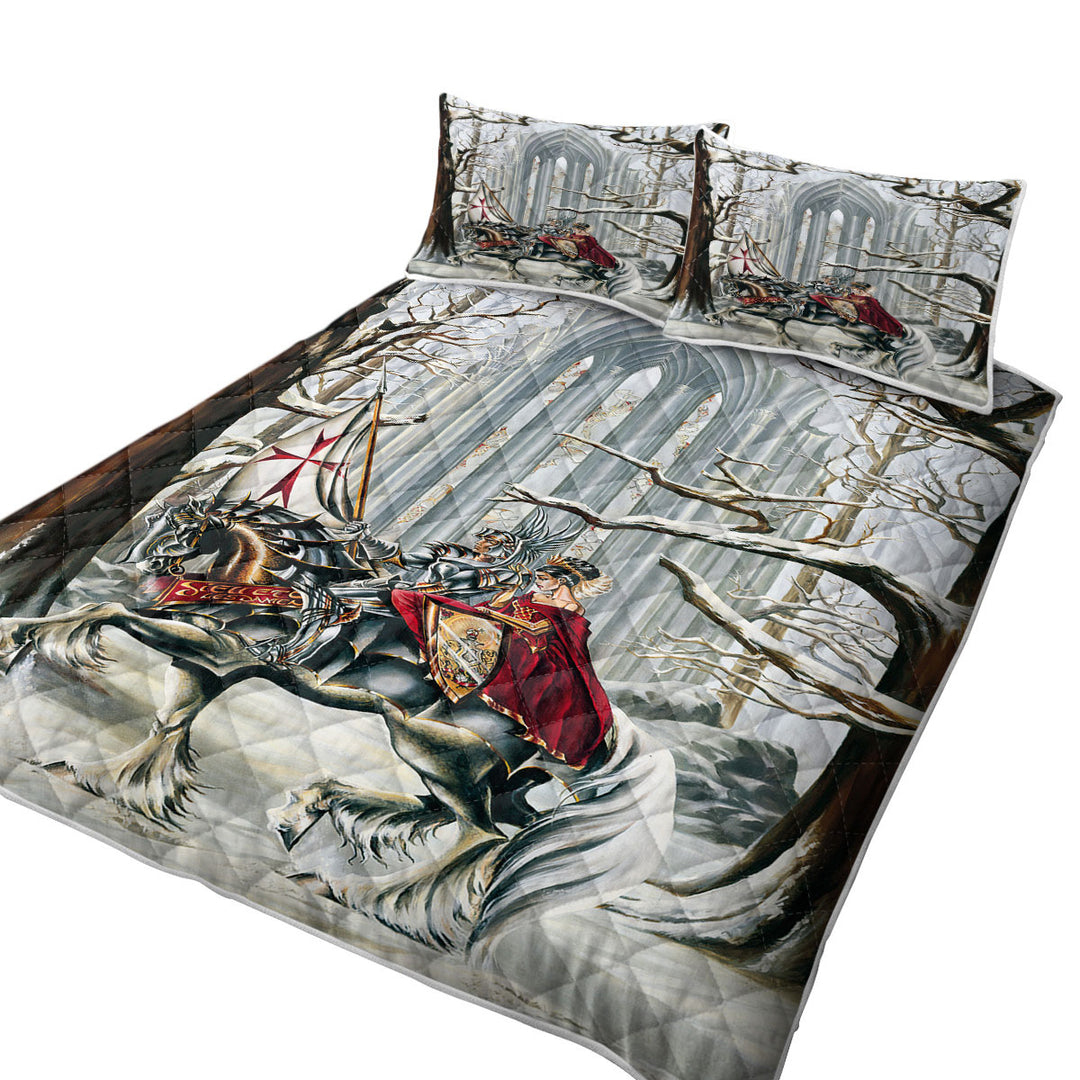 King Size Quilt Sets with Snowy Forest Knight and Princess