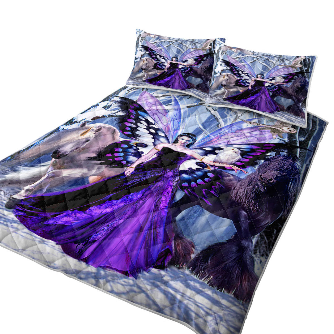 King Size Quilt Sets with Snowy Forest Owls Horses and Purple Fairy Queen