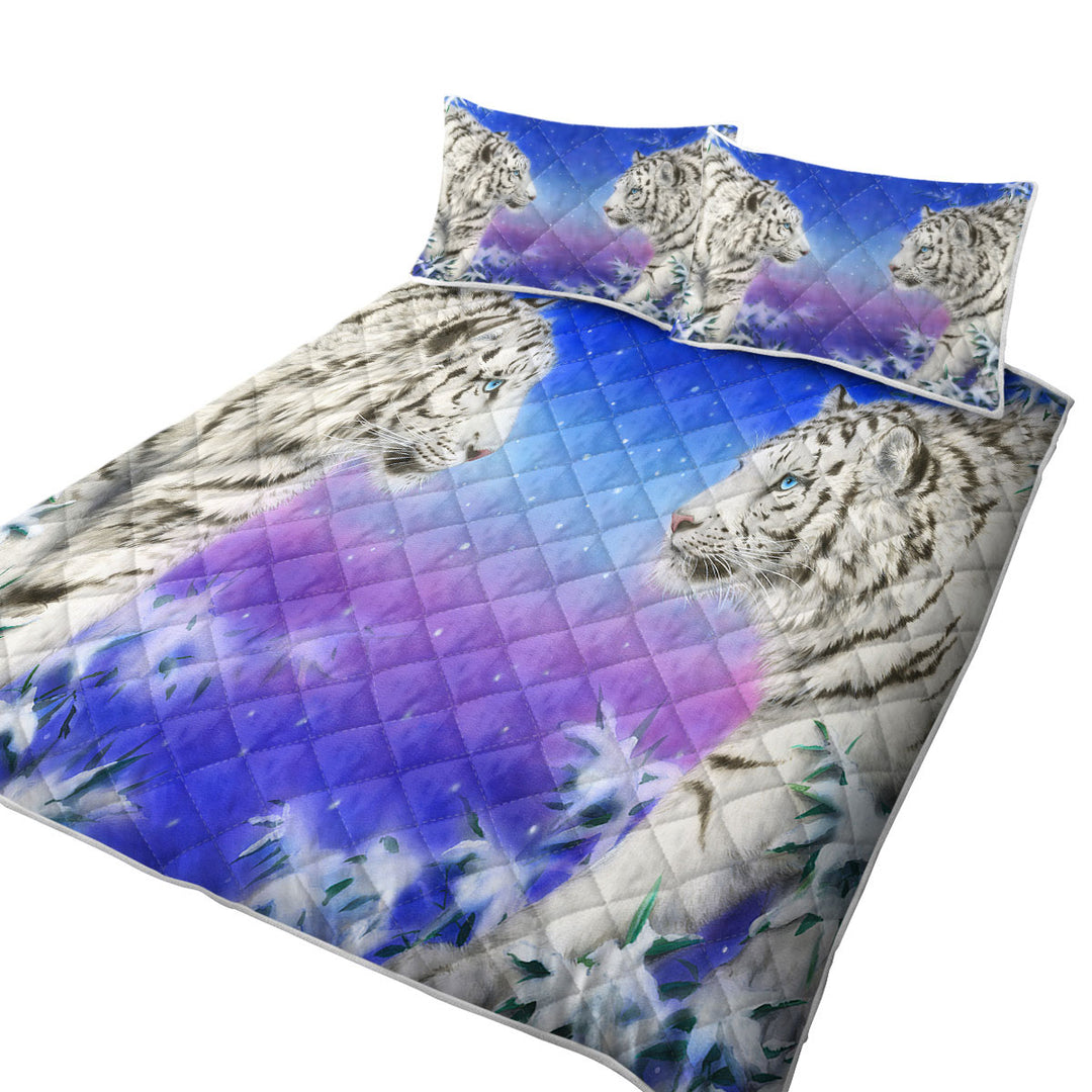 King Size Quilt Sets with Wild Animal Art White Tigers at Winter Night