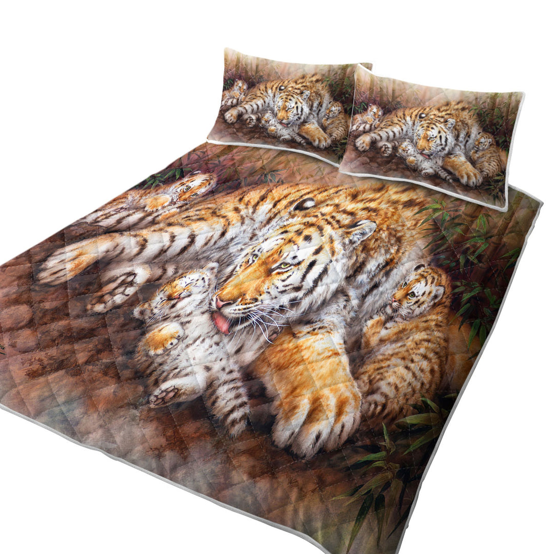 King Size Quilt Sets with Wildlife Animal Art Tiger Family in Bamboo Forest