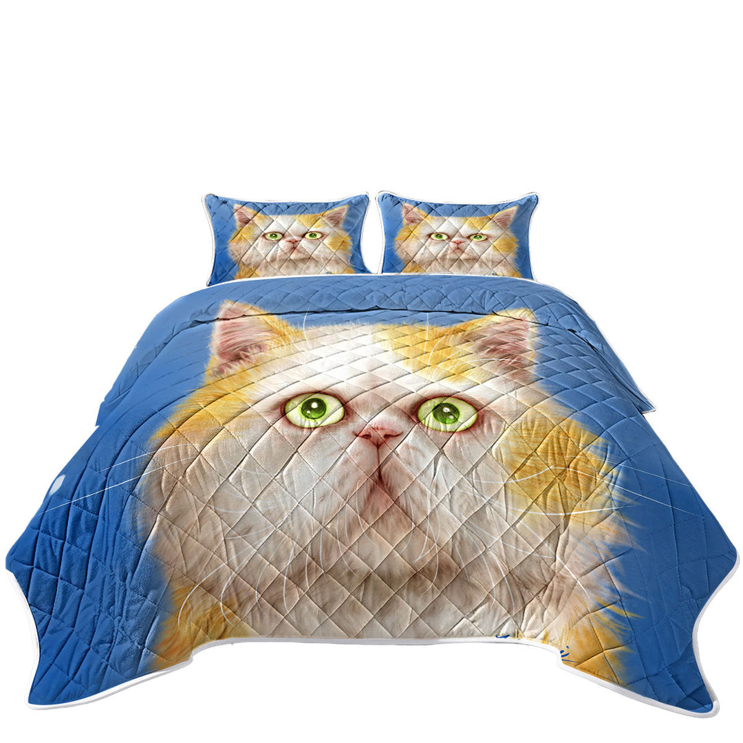 King Size Quilt with Beautiful Kittens Drawings Staring Ginger Cat