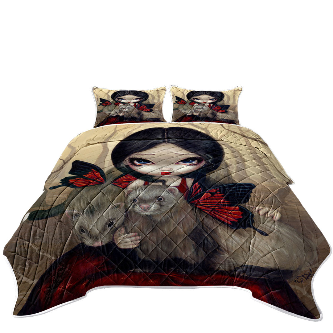 King Size Quilt with Beautiful Maiden with Red Butterfly Ferrets