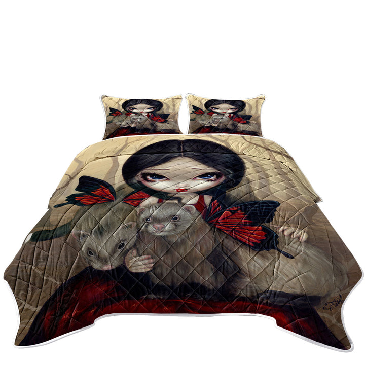 King Size Quilt with Beautiful Maiden with Red Butterfly Ferrets