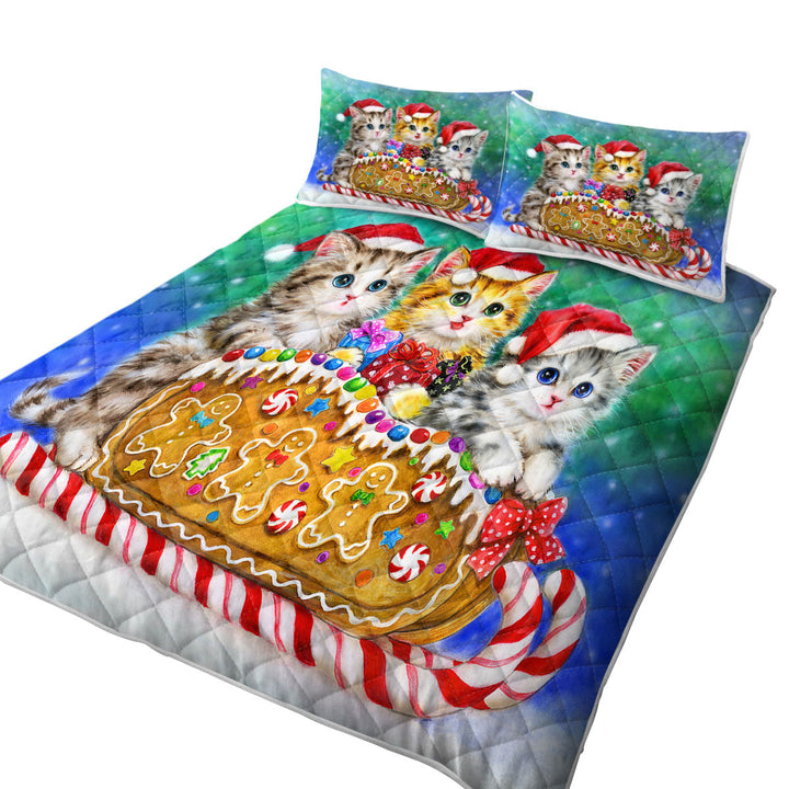 King Size Quilt with Christmas Cats Cute Gingerbread Sleigh Kittens