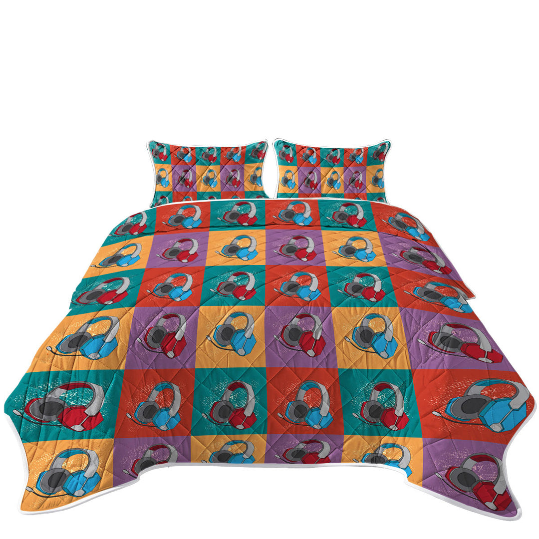King Size Quilt with Cool Red and Blue Gamers Headphone Sets