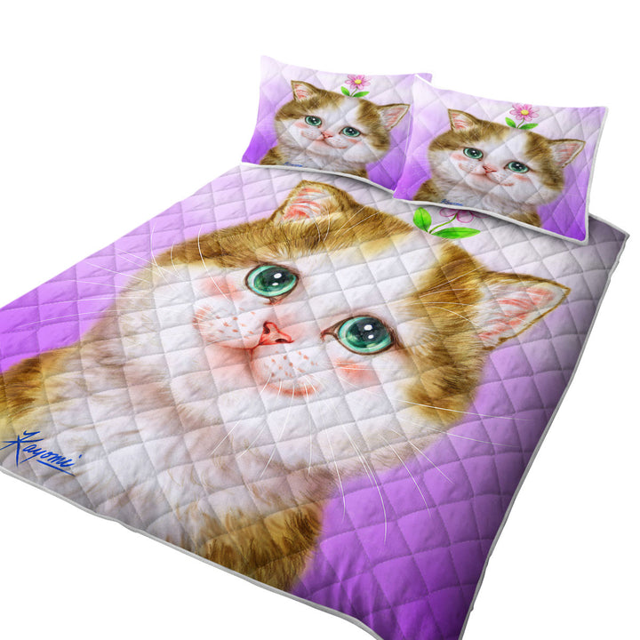 King Size Quilt with Cute Cats Prints Blushing Sweet Flower Kitten