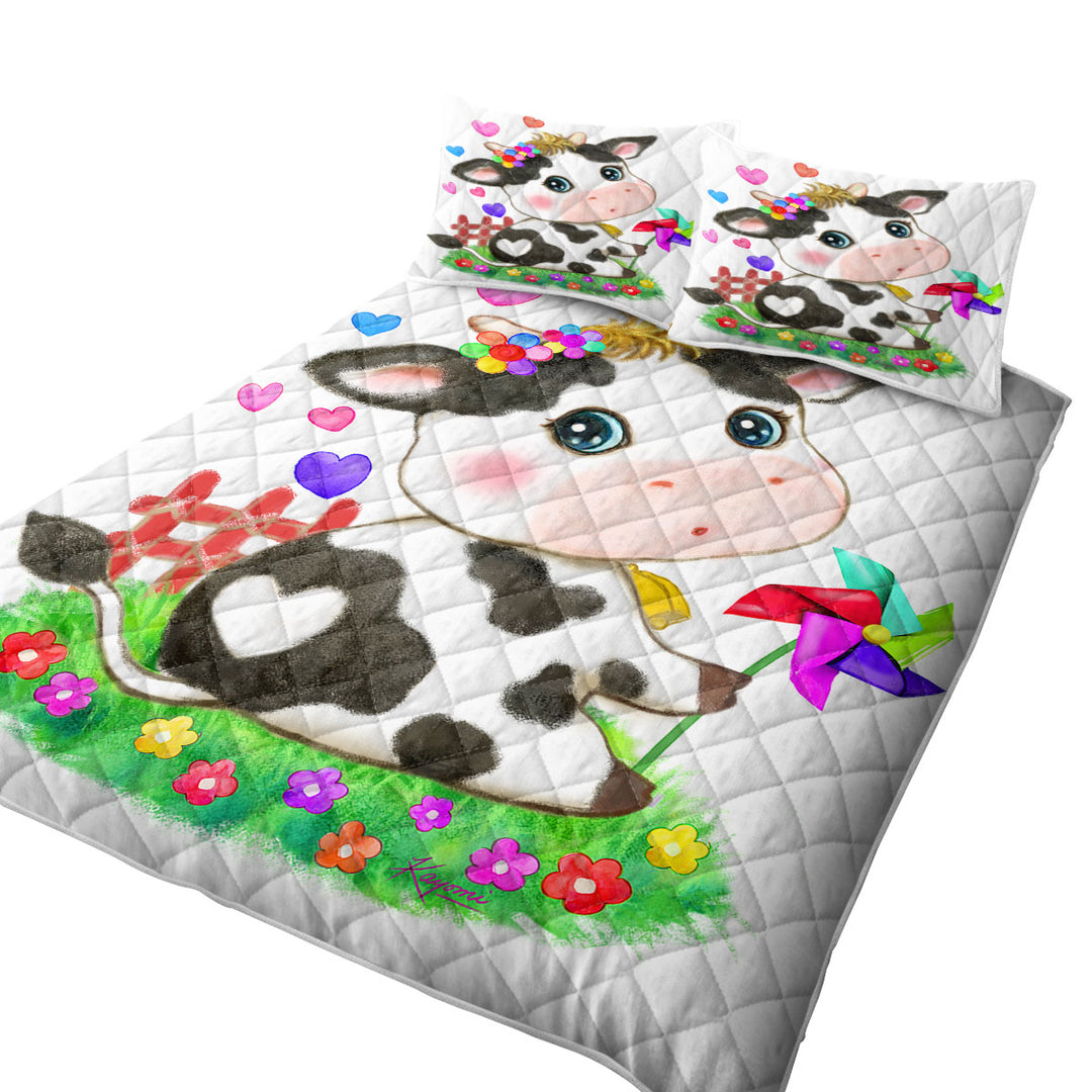 King Size Quilt with Cute Drawings for Kids Little Moo Heart Cow