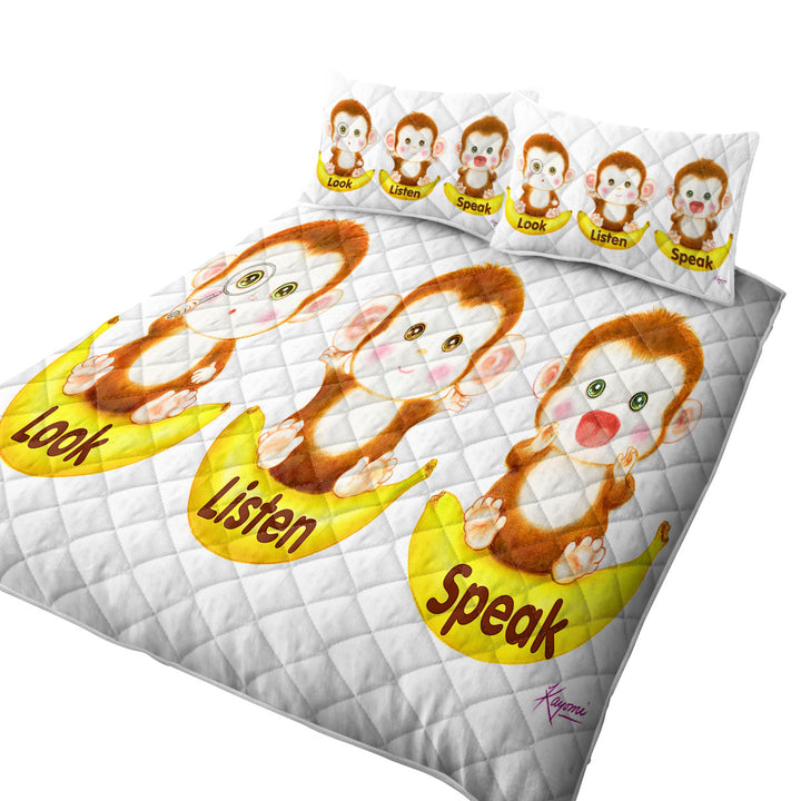 King Size Quilt with Cute Educational Bananas and Three Monkeys