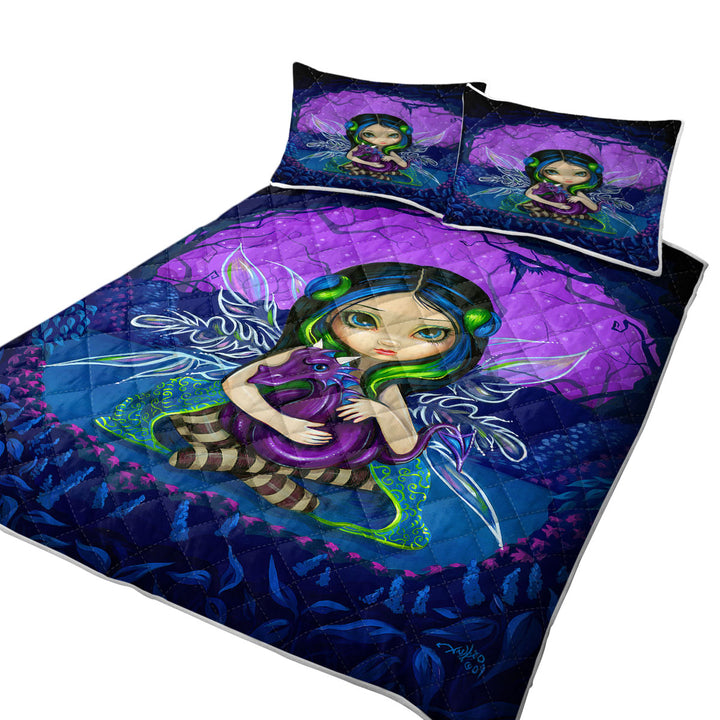 King Size Quilt with Cute Fairy in the Purple Moonlit Dragonling Garden