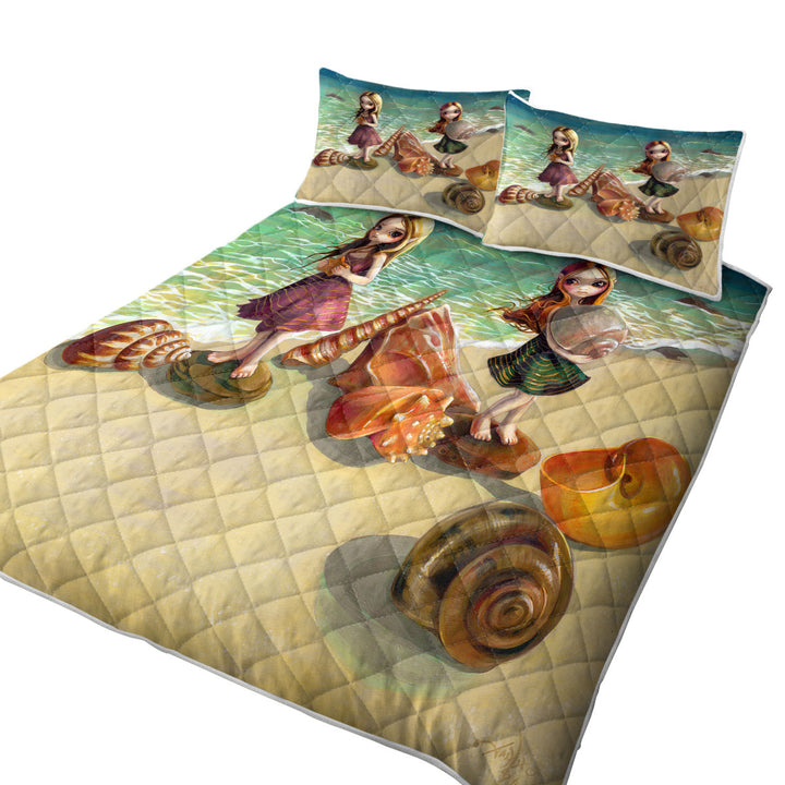 King Size Quilt with Cute Fantasy Girls Collecting Shells By the Seaside