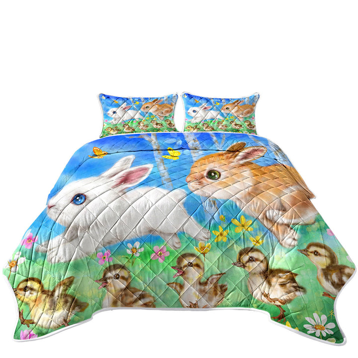King Size Quilt with Cute Kids Art Designs Ducklings and Bunnies