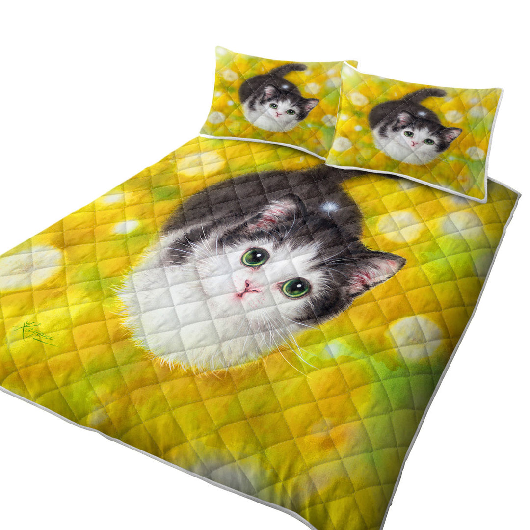 King Size Quilt with Cute Kitty Cat in the Dandelion Flower Garden