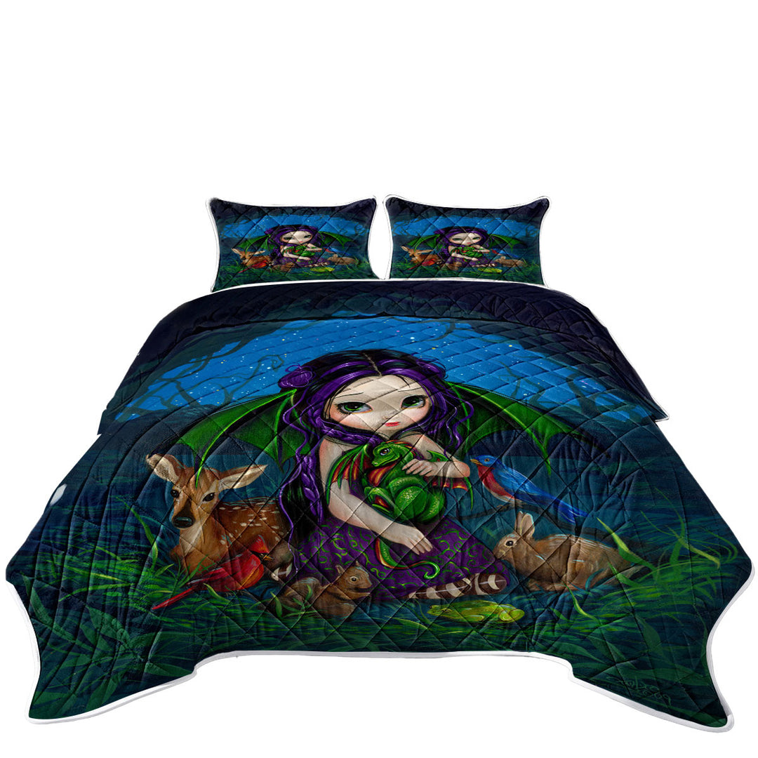 King Size Quilt with Dragonling Garden Cute Fairy with Animal Friends