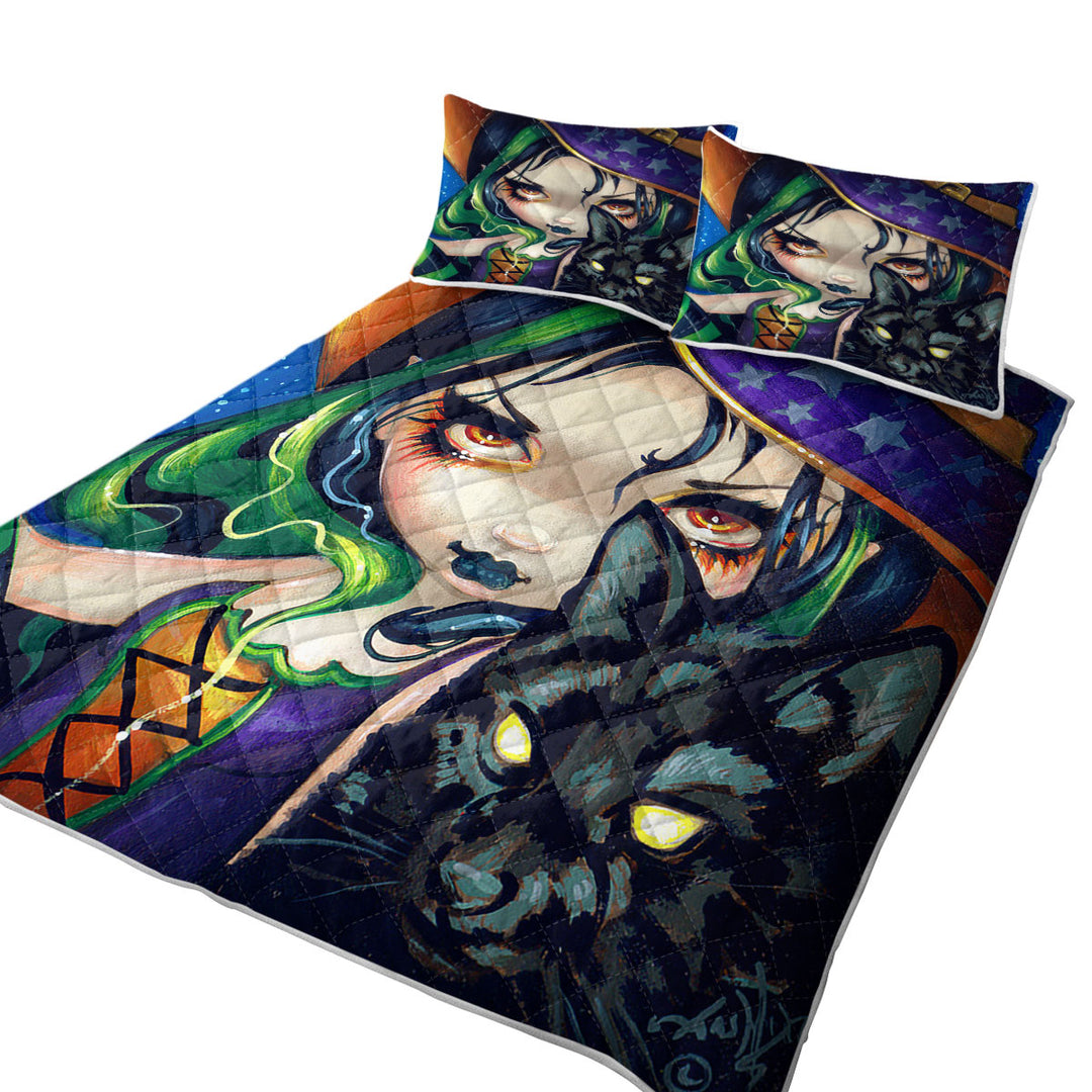 King Size Quilt with Faces of Faery _114 Halloween Witch Girl and Cat