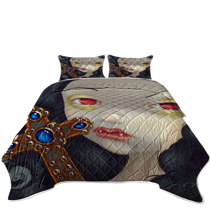 King Size Quilt with Faces of Faery _128 Scary Vampire Girl with Cross