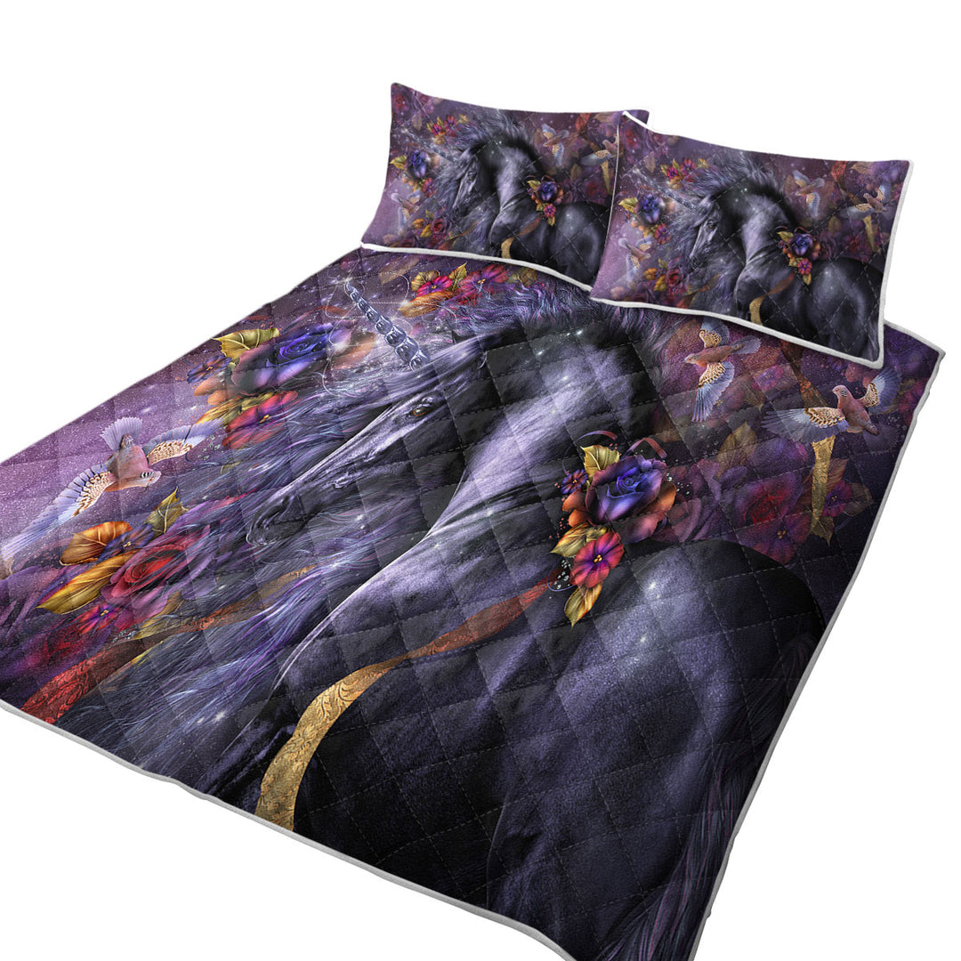 King Size Quilt with Flowers Birds and Beautiful Magical Unicorn Horse
