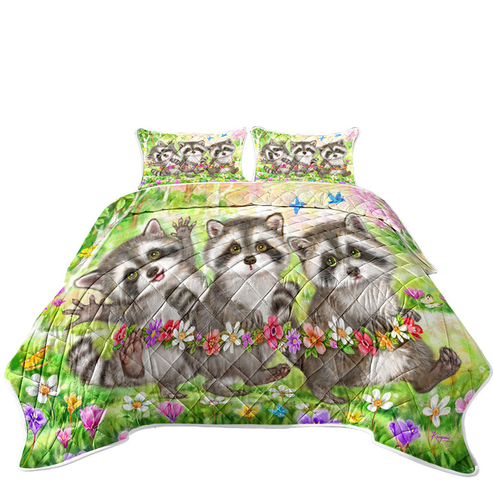 King Size Quilt with Flowers and Three Raccoons in the Forest