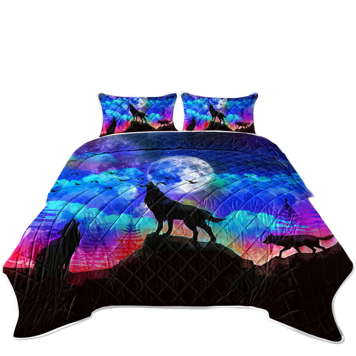 King Size Quilt with Full Moon Night Wolf Pack