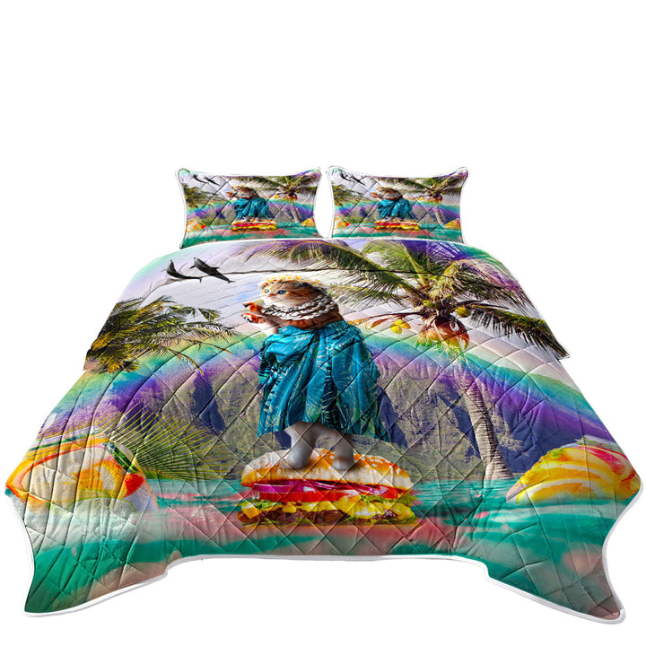 King Size Quilt with Funny Aloha Girl Cat on Hawaiian Burger