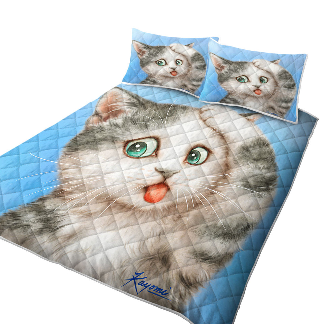 King Size Quilt with Funny Cats Art Frustrated Grey Kitty