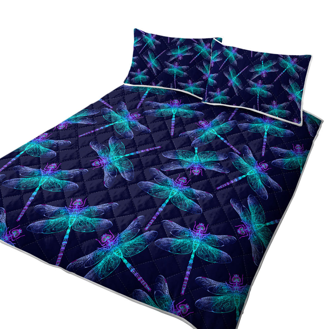 King Size Quilt with Glowing Purplish Dragonflies