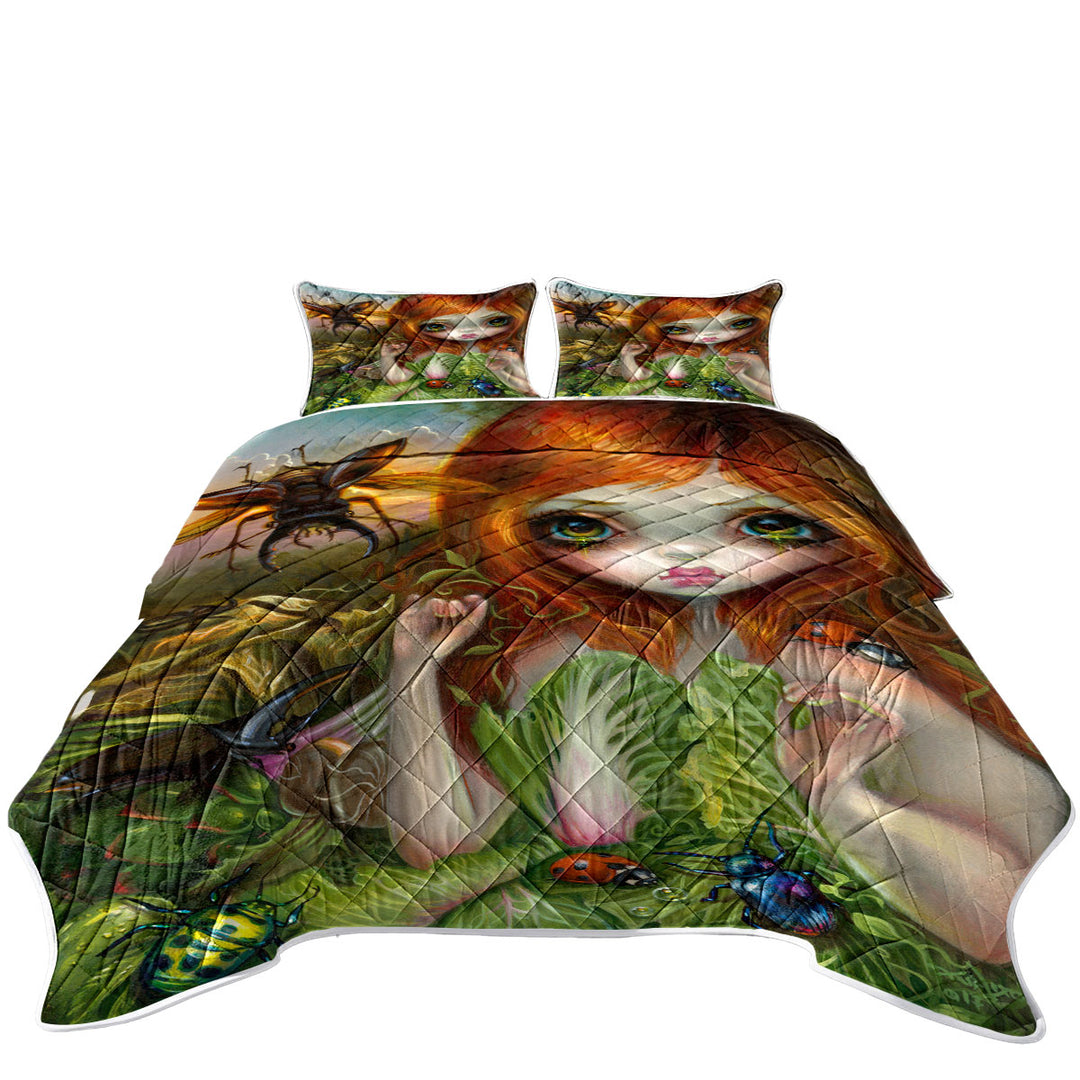 King Size Quilt with Insectarium Beautiful Red Haired Girl and Beetles
