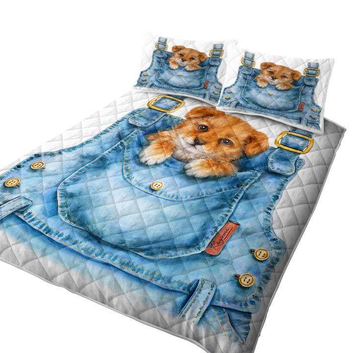 King Size Quilt with Kids Cute Animal Drawings Pocket Dog Puppy