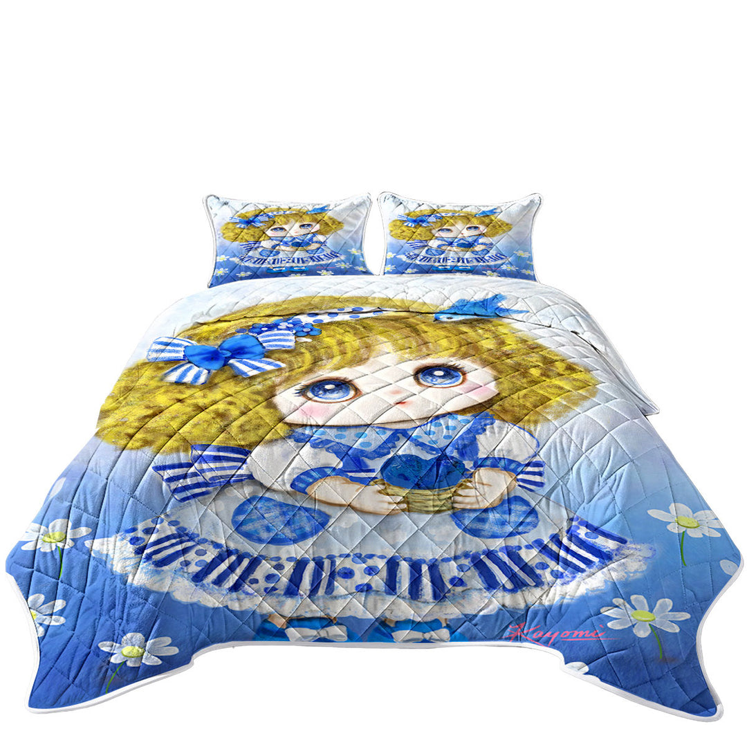 King Size Quilt with Kids Drawings Blue Girl and Daisy Flowers