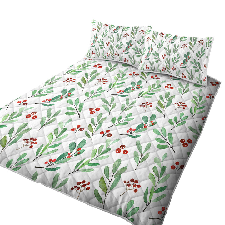 King Size Quilt with Modest Green Leaves and Berries