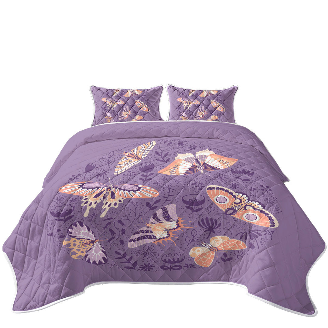 King Size Quilt with Peach Butterflies over Floral Purple