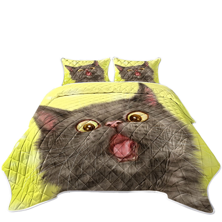 King Size Quilt with Playful Black Grey Cat over Yellow