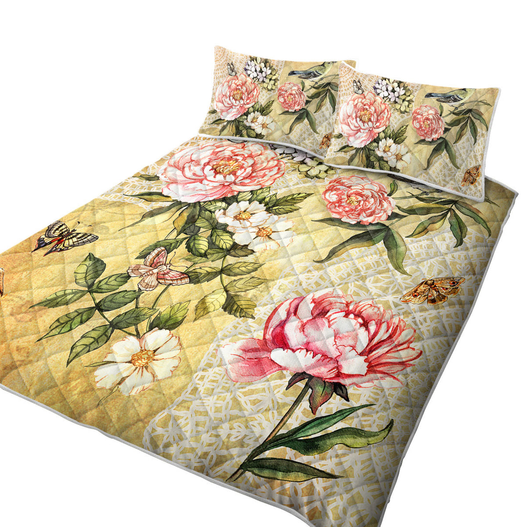 King Size Quilt with Vintage Flowers Bird and Butterflies