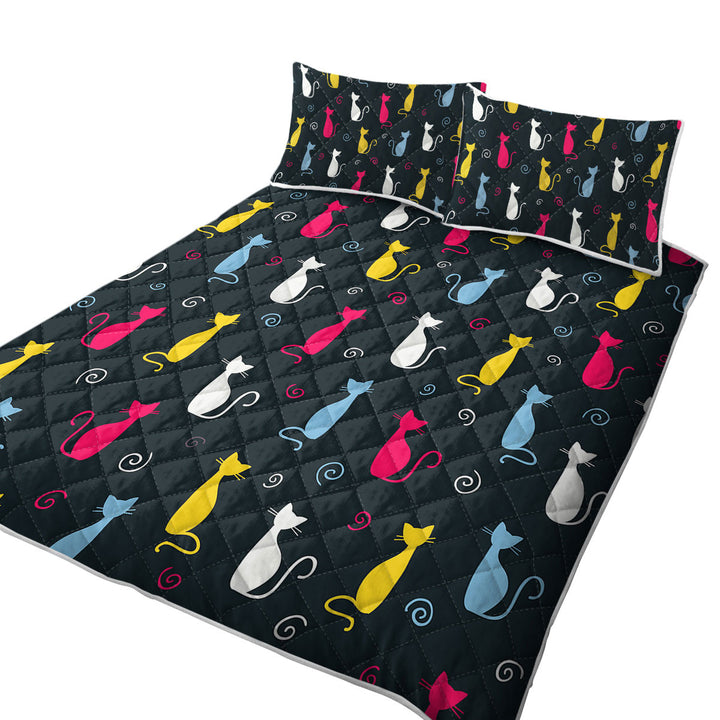 King Size Quilt with White Yellow Blue Pink Cats