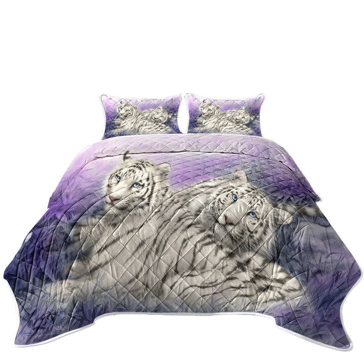 King Size Quilt with Wildlife Animal Art White Tiger Couple