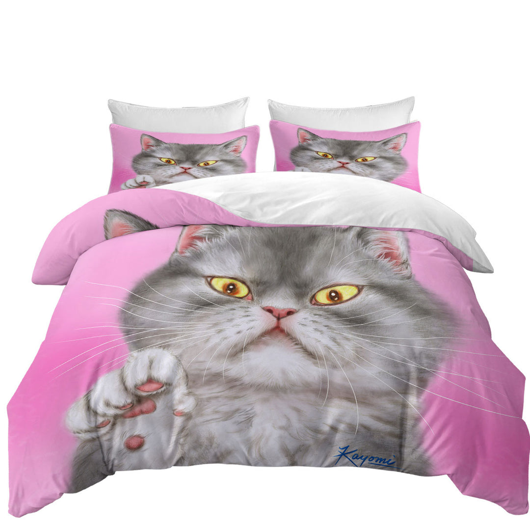 Kittens Art Angry Grey Kitty Cat over Pink Bed Covers