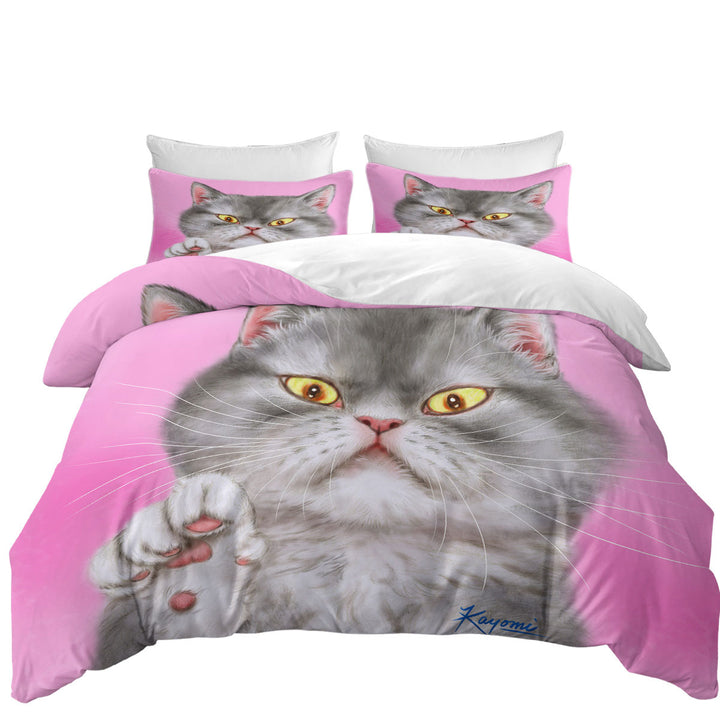Kittens Art Angry Grey Kitty Cat over Pink Bed Covers